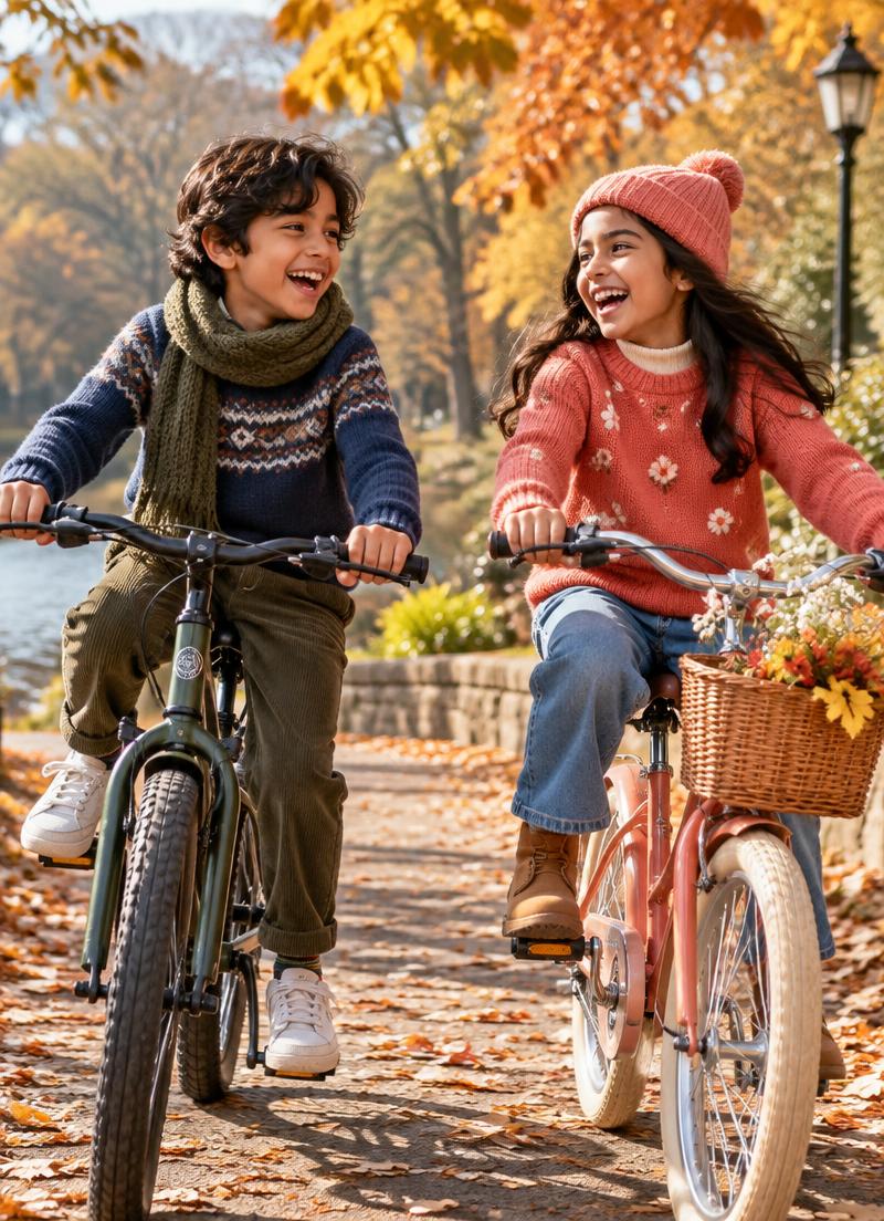 Two children in cosy knits riding bicycles through an autumn park