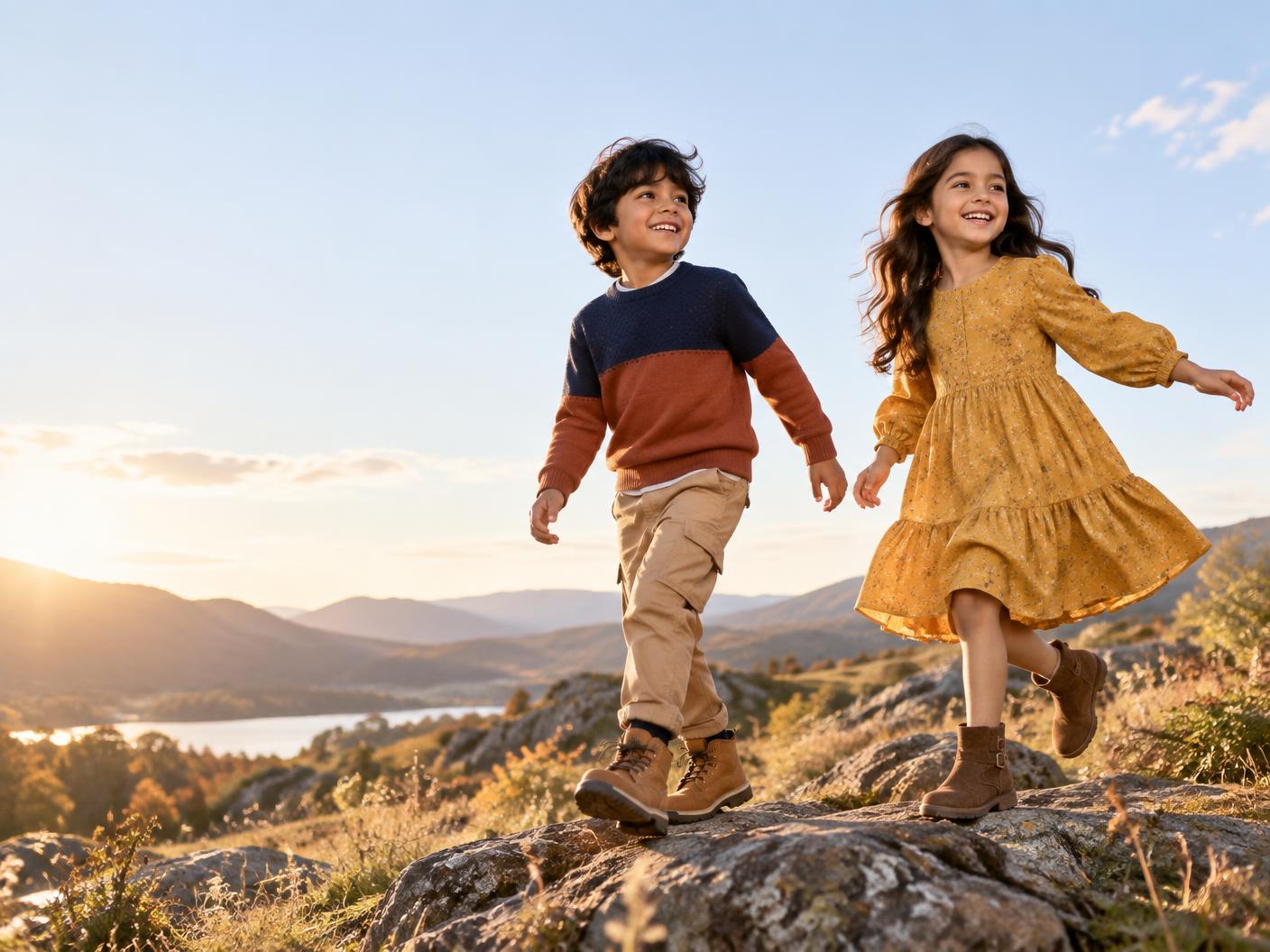 Two children wearing Nanhepan-inspired autumn outfits outdoors