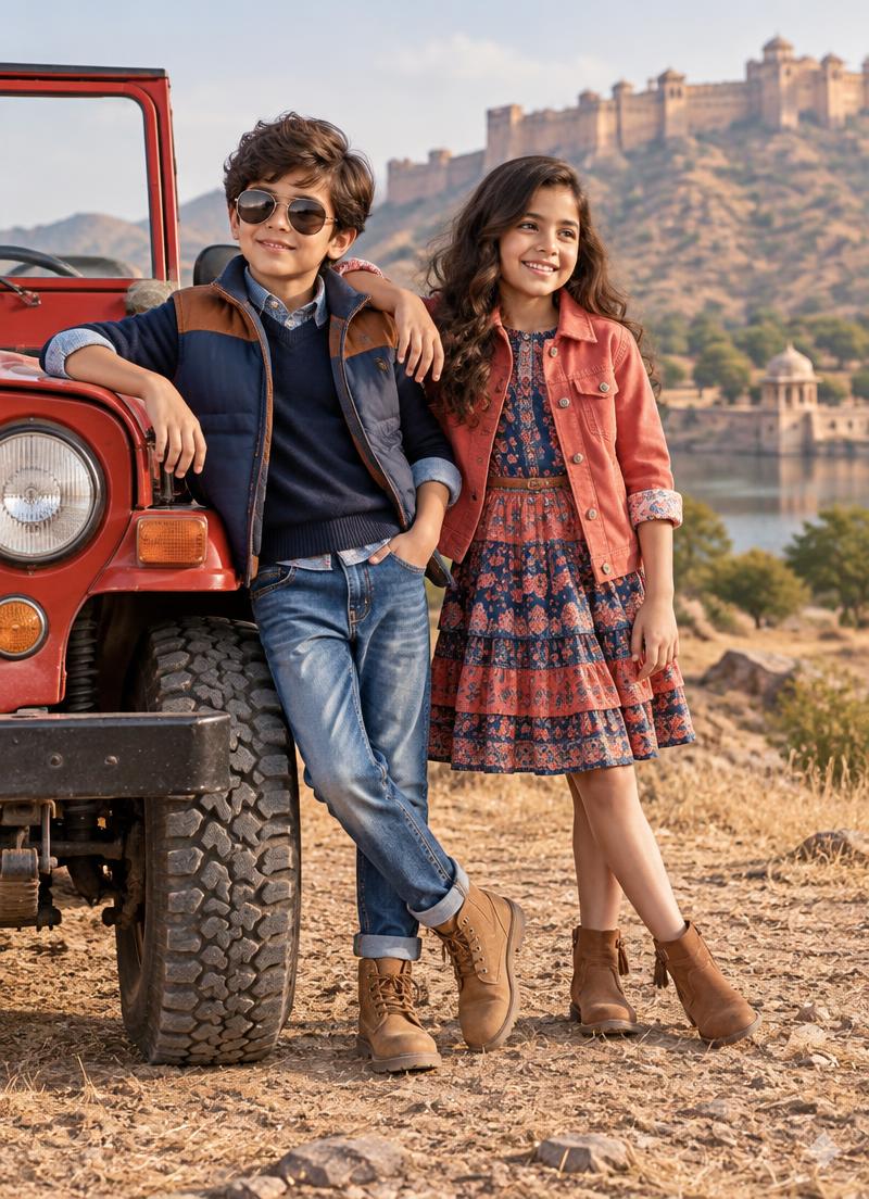 A boy and girl in stylish layered outfits beside a red jeep