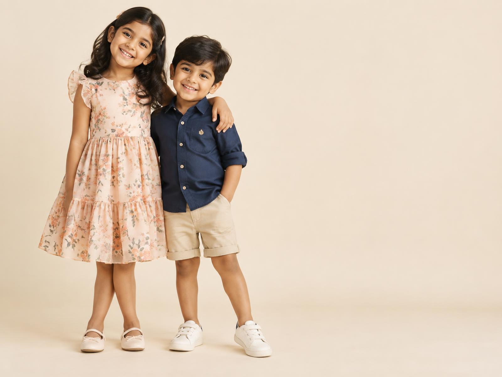 A girl in a floral frock and a boy in a navy shirt from the Nanhepan collection